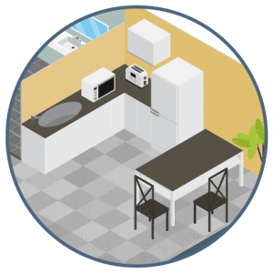 Choosing New Floors for Your Business circular icon depicting an office kitchen